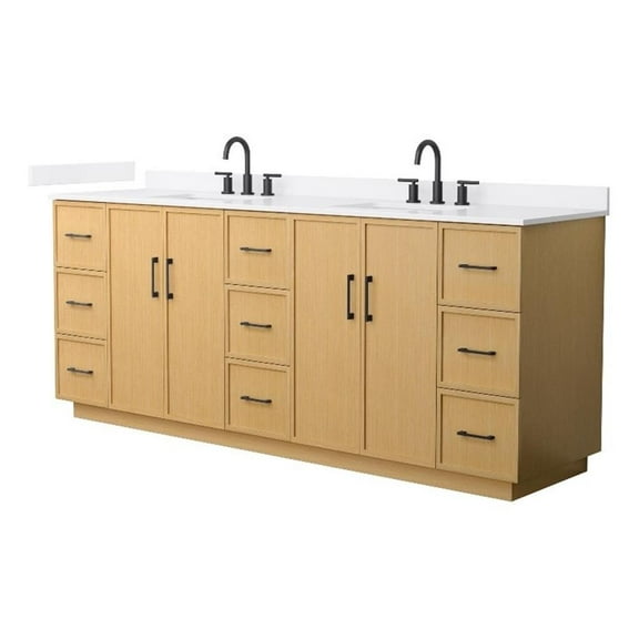 Elan TK 84" Light Oak Double Vanity & White Quartz Top (3-Hole) & Black Trim