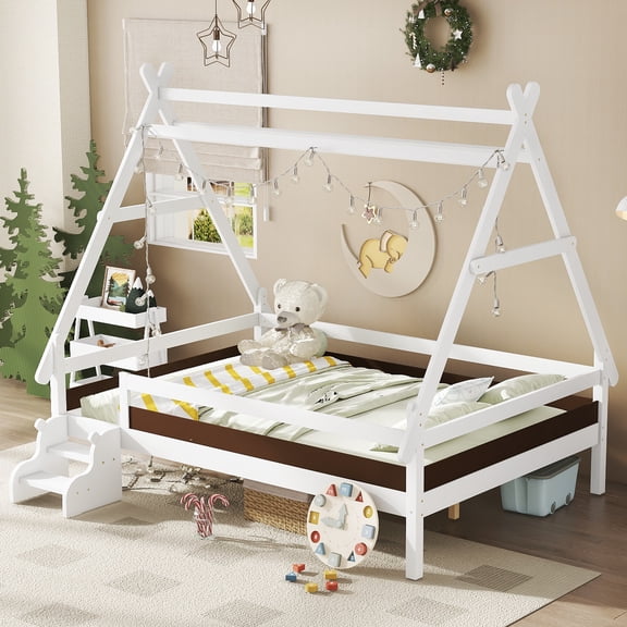 Pinovk Full House Platform Bed with Stairs, Solid Wood Twin Bed Frame, Low Profile and Childlike Fun Design, White