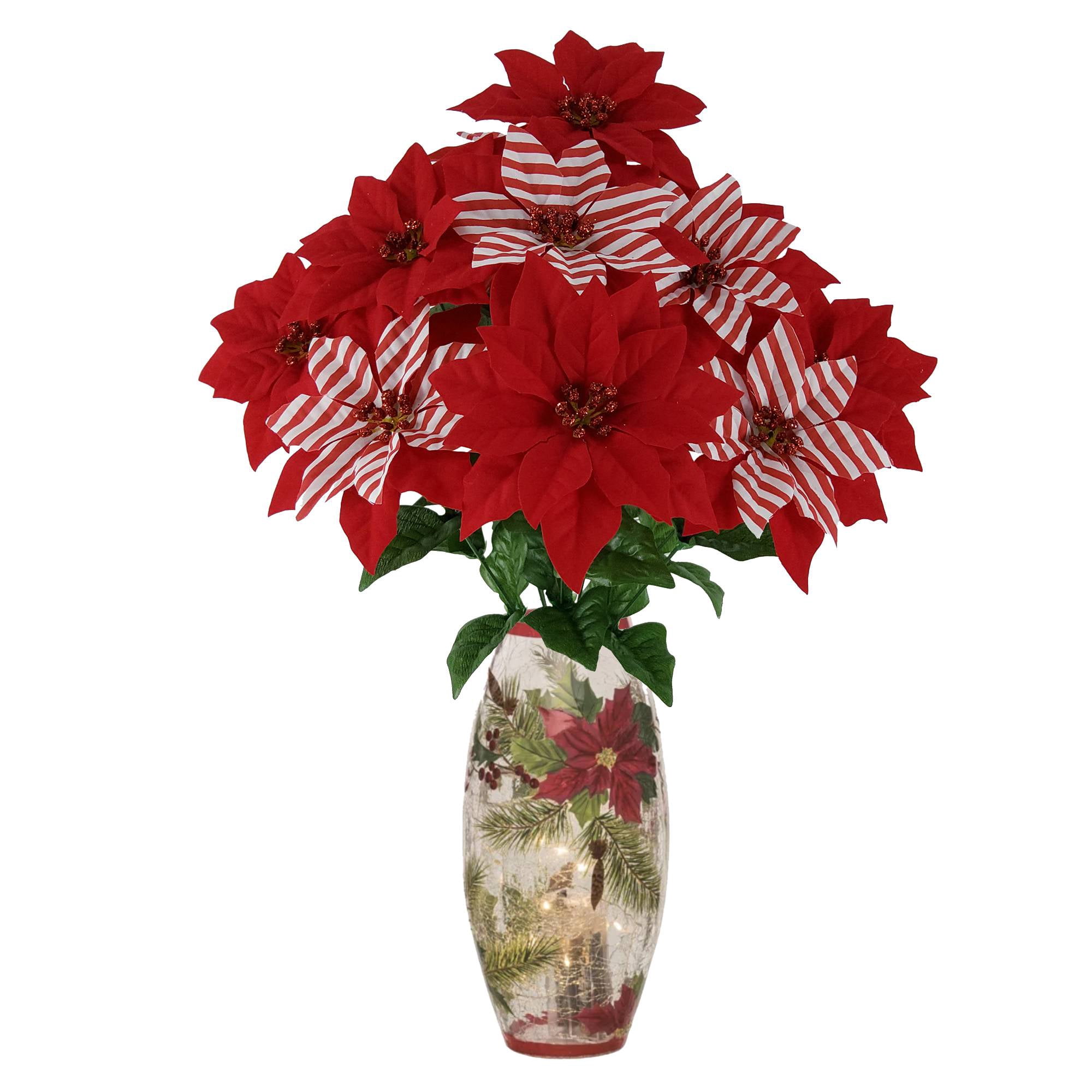 (2 pack) Mainstays 19 in Indoor Artificial Striped Poinsettia Bush, Red Color.