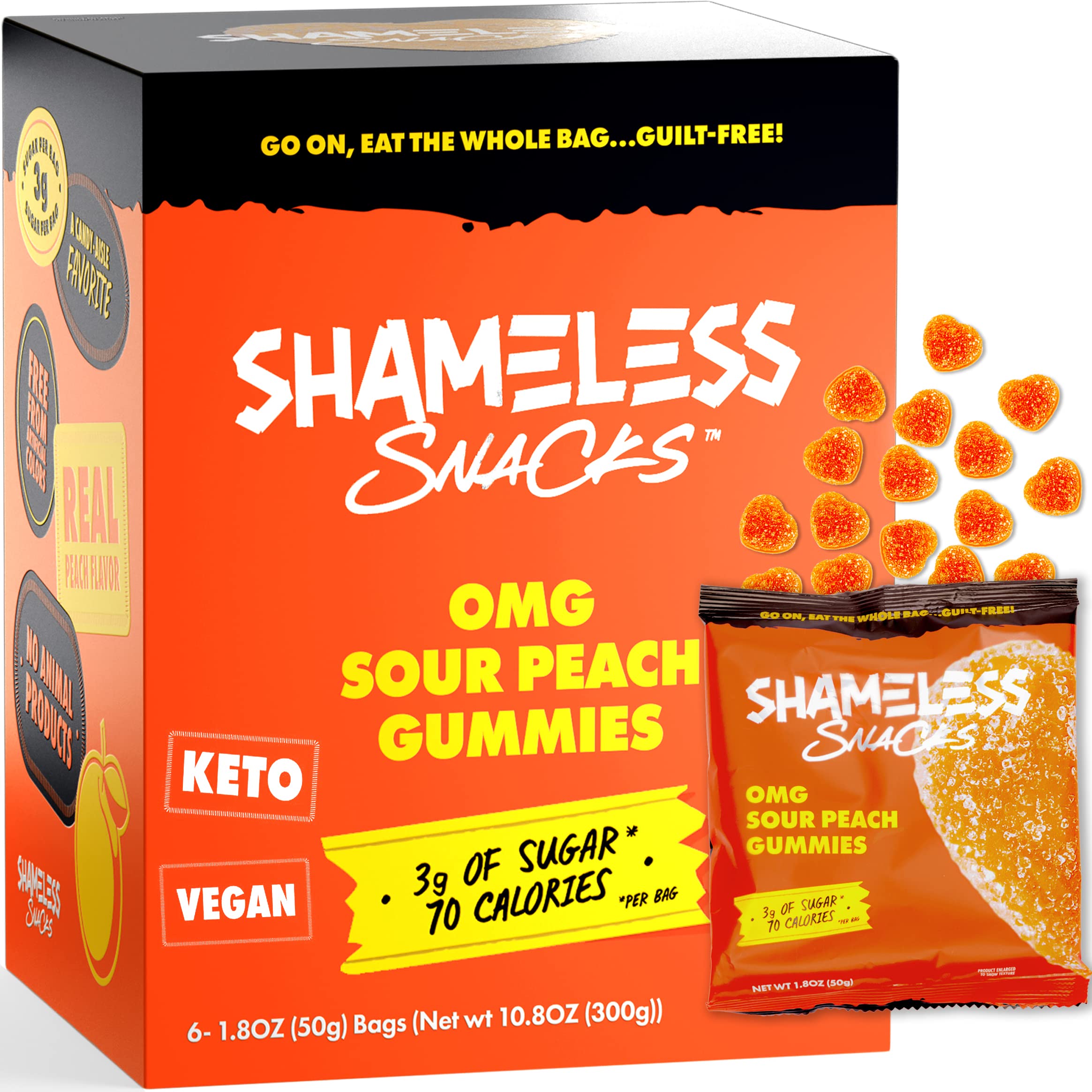 Shameless Snacks OMG Sour Peach Sour Gummies, Sour Candy, Vegan