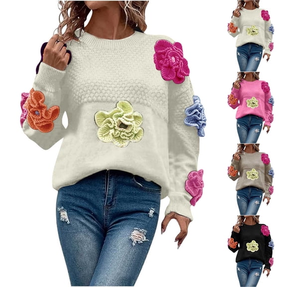 Lovskoo Sweaters for Women Trendy and Personalized Three-Dimensional Flower Pullover Long Sleeved Knitted Sweater Black