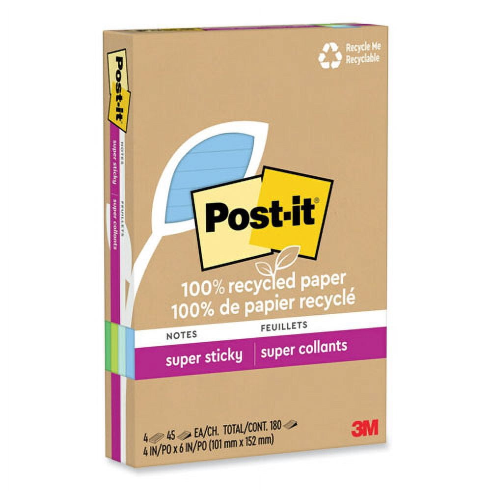 100% recycled paper super sticky notes, ruled, 4" x 6", oasis, 45 sheets/pad, 4 pads/pack | Bundle of 2 Packs