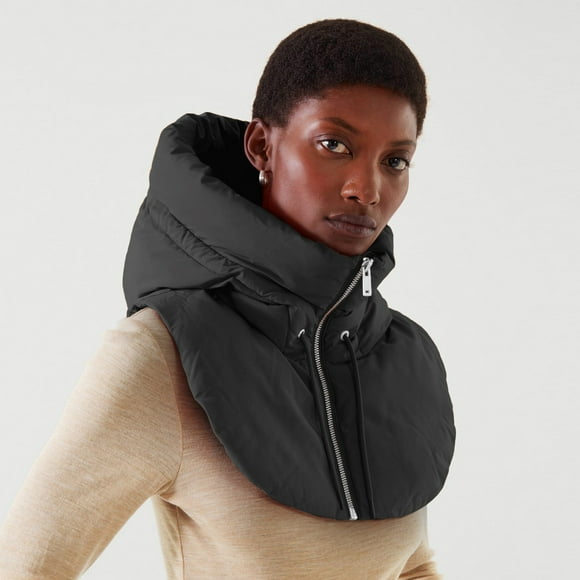 Hood for Women Zipper Padded False Collar Half Vest Winter Hooded Vestcoat Plain Cold-Proof Neck Gaiter Hooded Fake Collar Padded Vest, Zip Up Winter Uni Hoodie False Collar Black L