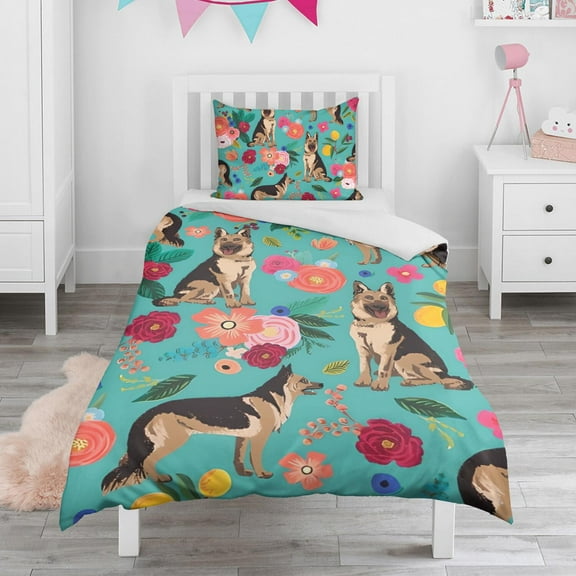 German Shepherd with Flowers Duvet Cover and Pillowcase Set for Single Bedding, Bedroom Accessories for Kids Teens