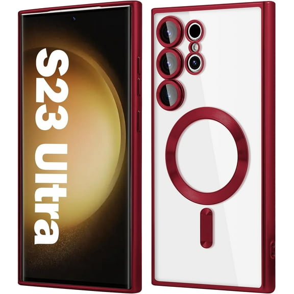 for Samsung Galaxy S23 Ultra Magnetic Case, Compatible with MagSafe, Built-in Camera Lens Protector, Luxury Plating Soft TPU Clear Shockproof Slim Thin Cover 6.8 inch, Red