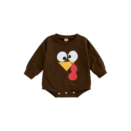 

Meihuida Infant Thanksgiving Day Romper Long Sleeve Round Neck Turkey/Letter Print Bodysuit