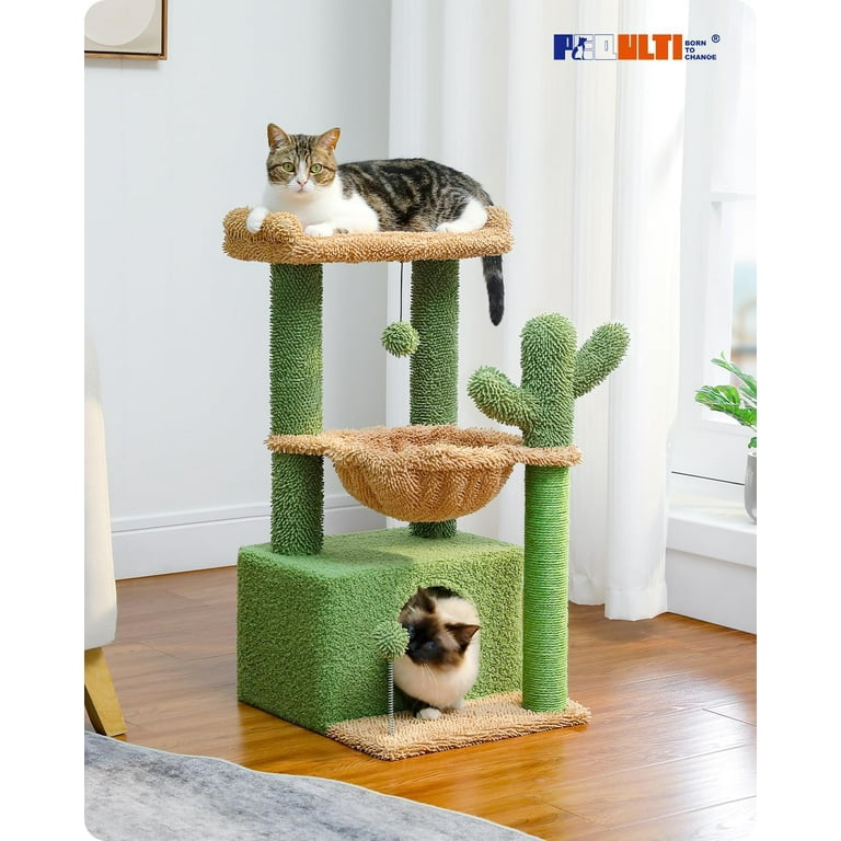 4 in 1 Cactus Cat Tree 33 Cat Tower for Indoor Cats with Large Cat Condo Cat Scratching Post for Cats with Deep Hammock Cozy Top Perch Green Walmart