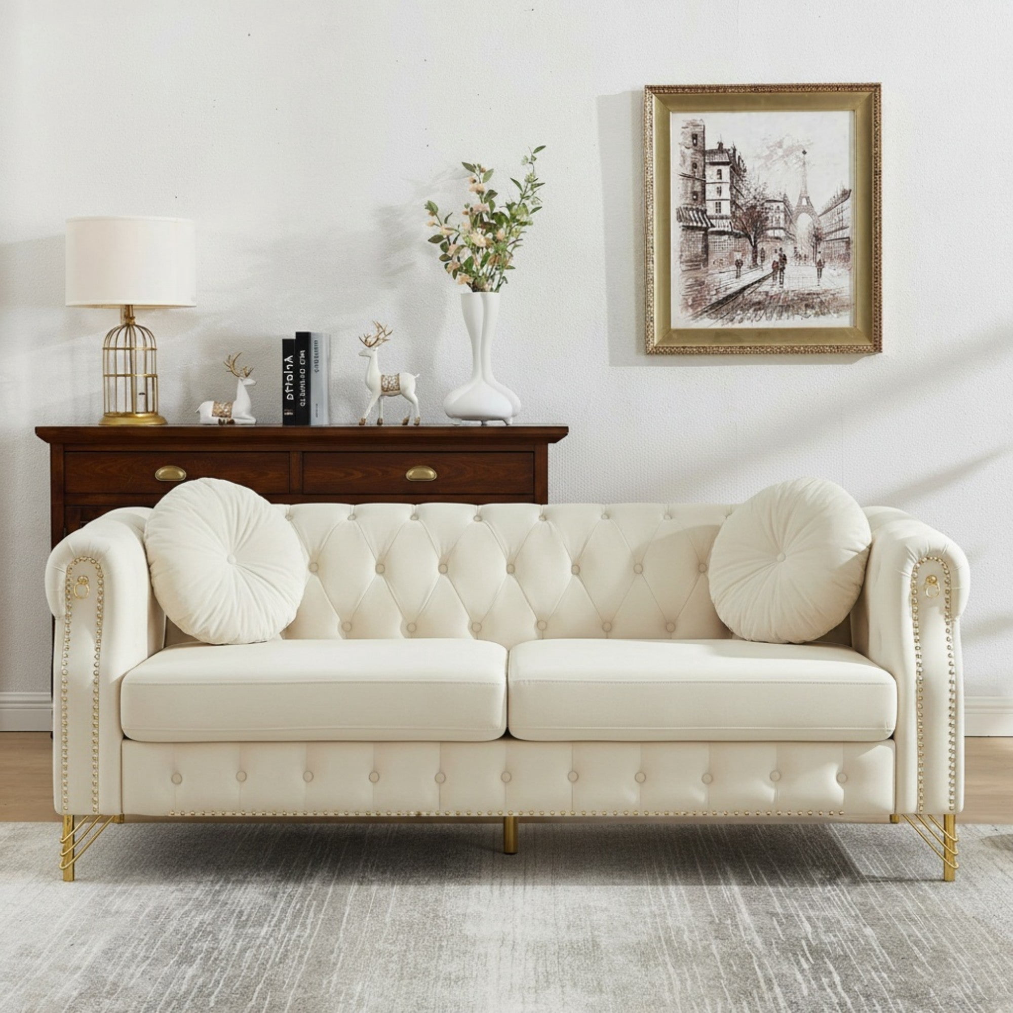 Sailvan 82" Velvet Chesterfield Sofa, Tufted 3-Seater Couch with Gold Metal Legs & Copper Studs, Luxury Living Room Furniture Beige