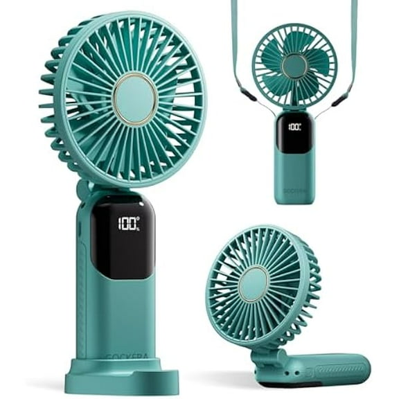 FU1999Portable Fan, 4200mAh Battery Operated Fan, 5 Speeds&Digital Display, Makeup Fans for Women with Base, 180°Foldable 3in1 Handheld/Neck/Desk Fan for Outdoor Indoor,Ultra Quiet (Green)