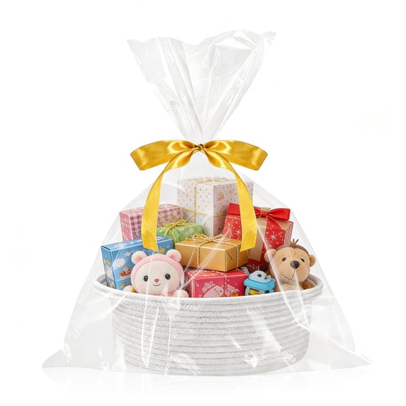 Gift Basket with Bags and Ribbons- Empty Woven Burr Basket with Handles for Storage Organizer Easter Christmas Valentine's Birthday Gift