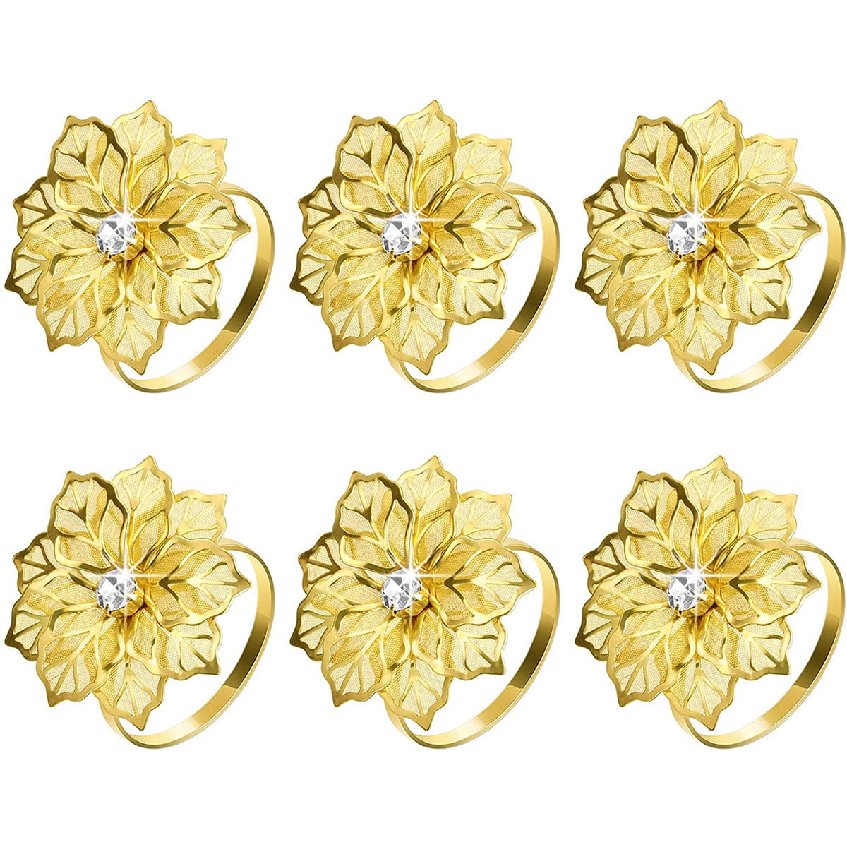 Nagu Flower Napkin Rings Set of 6, Hollow Out Floral Napkin Holder Adornment Exquisite Household Napkins Rings Set Rhinestone Napkin Rings for