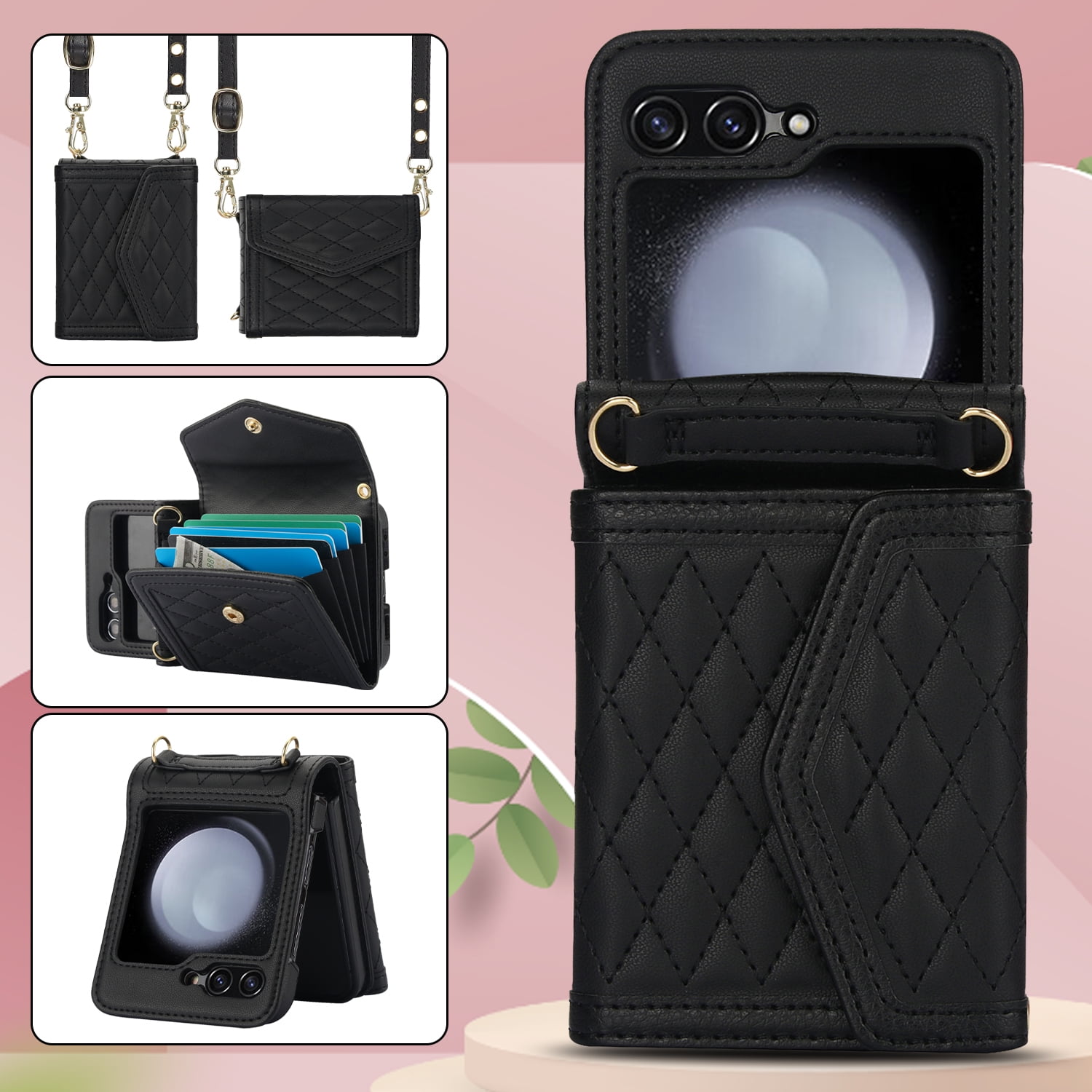Crossbody Strap + Wristband Phone Case for Motorola Razr 60 / Motorola Razr 2025 Wallet Cover, PU Leather Flip Card Holder Cell Accessories for Women Girls RFID Blocking - Black