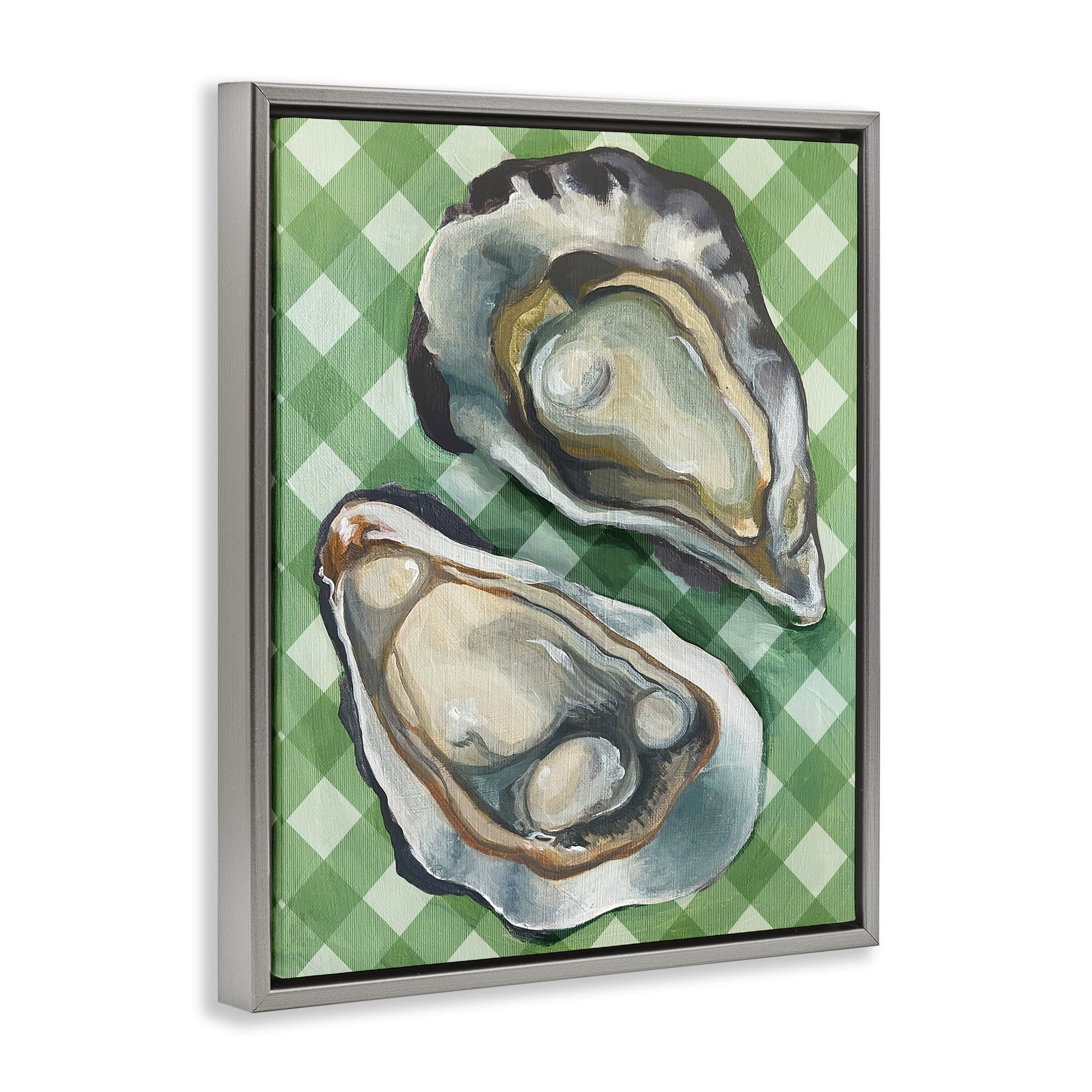 Stupell Industries Oysters on Green Plaid Animals Painting Gray Floater Framed Canvas Art Print Wall Art, 17 x 21