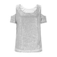 thumbnail image 6 of Busydd Womens T Shirts Trendy Short Sleeve off the Shoulder Sequin Tops for Women Casual Loose Comfy Solid Color Round Neck Womens Tops M, 6 of 7