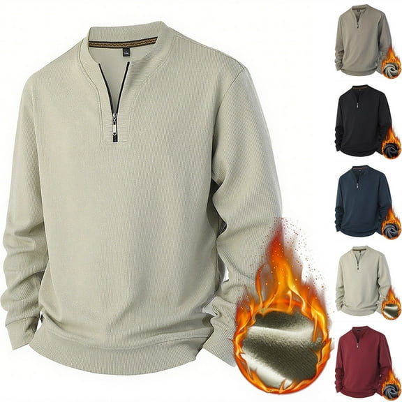 hlysgo Mens Long Sleeve Zipper Shirts Warm Solid Color Big and Tall Basic Tees Classic Quarter Zip Pullover Shirt Fall Winter Men's Clothes Beige XXXL