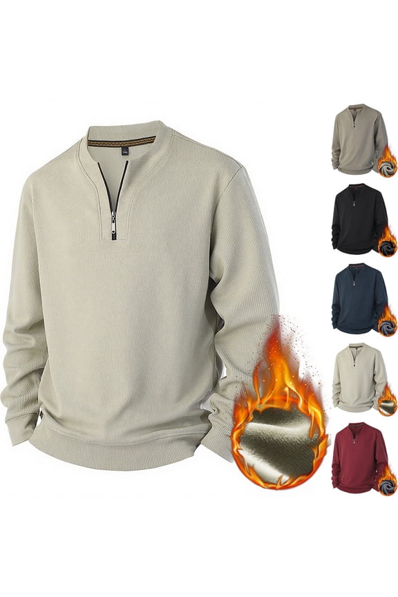 Mens Long Sleeve Zipper Shirts Warm Solid Color Big and Tall Basic Tees Classic Quarter Zip Pullover Shirt Fall Winter Men's Clothes Beige XXXL
