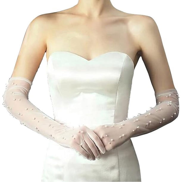 Guantes de boda para mujer, guantes largos de novia de tul, guantes de encaje con dedos blancos, guantes de ópera de los años 20, guantes transparentes para novias, blancos,