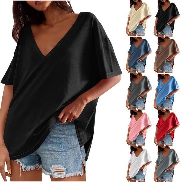Top marrón,Blusa tipo túnica de manga corta con cuello en V para mujer, de poliéster, holgada, de color liso, informal, para uso diario, sopatenor