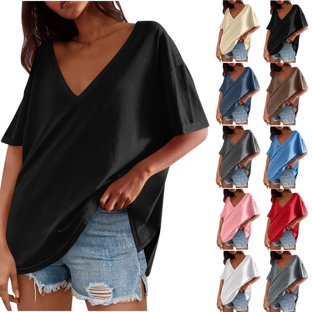 Ropa urbana para mujer,Blusa tipo túnica de manga corta con cuello en V para mujer, de poliéster, holgada, de color liso, informal, para uso diario, sopatenor