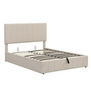 Churanty Hydraulic Storage Bed Frames Full Size Platform Bed with Upholstered Headboard,Beige