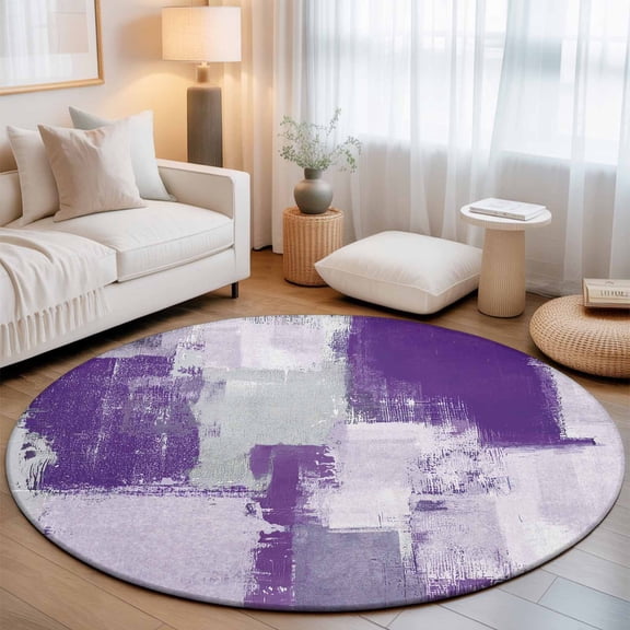 Small Round Rug 3Ft, Modern Oil Painting Non-Slip Washable Circle Rugs Carpet, Purple Grey Abstract Graffiti Art Indoor Outdoor Rug Floor Mats Throw Runner for Bedroom Living Room Bathroom
