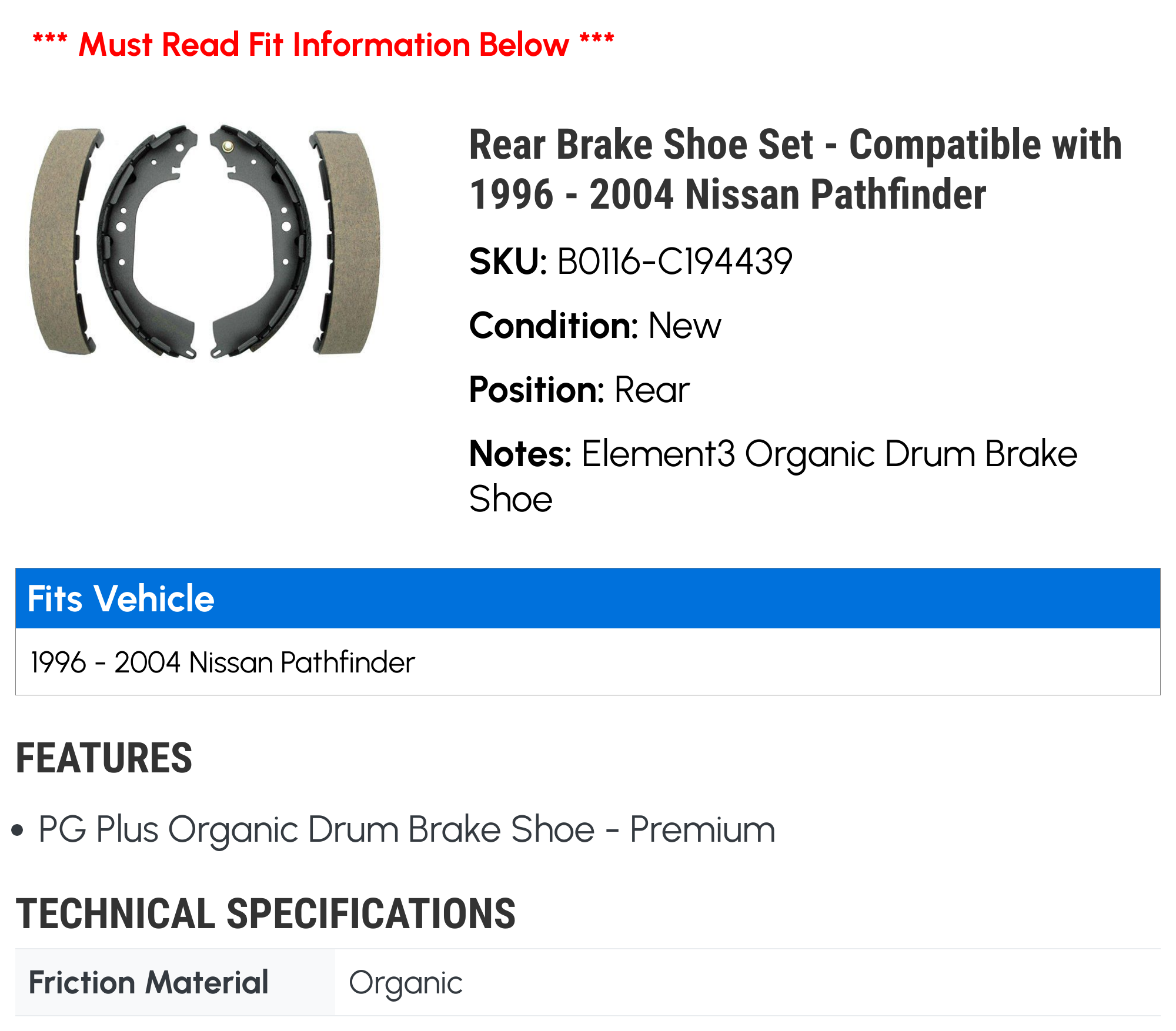 Rear Brake Shoe Set - Compatible with 1996 - 2004 Nissan