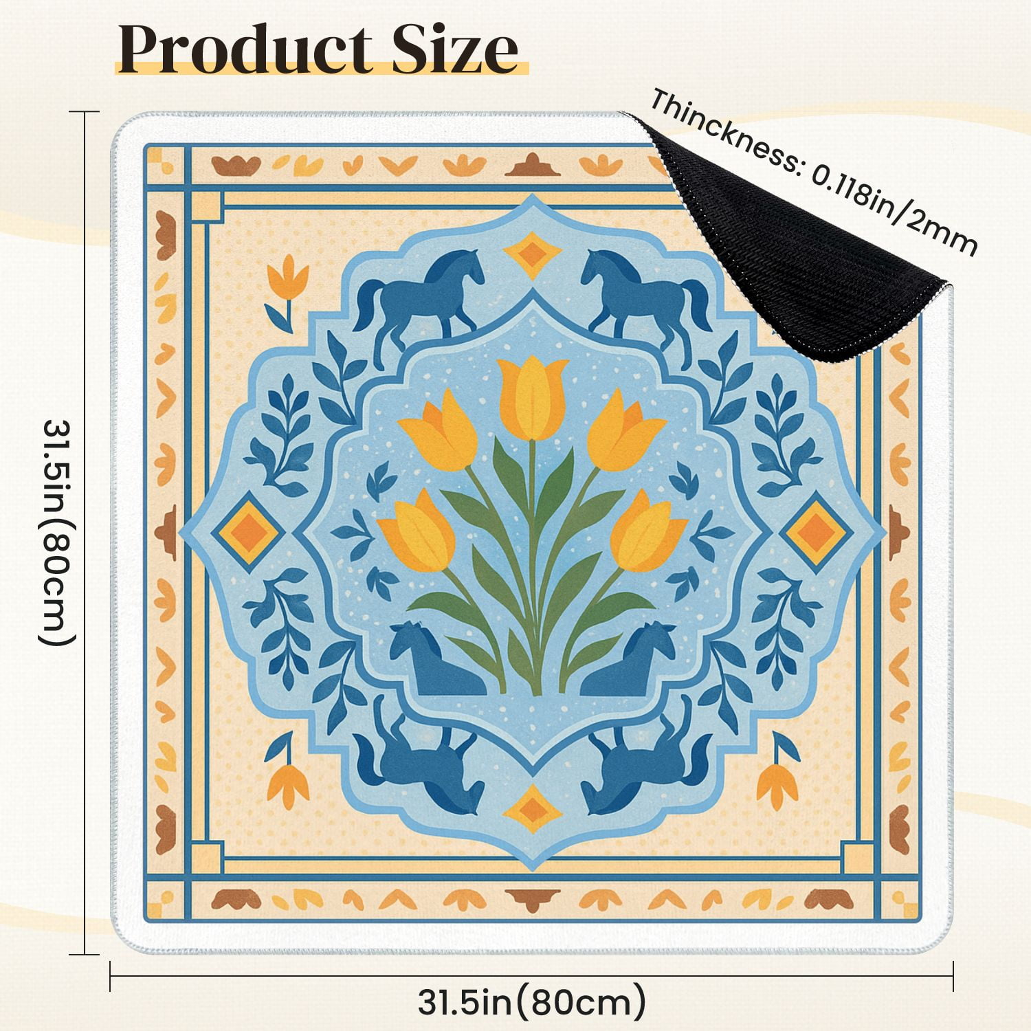 Mahjong Mat 31.5" x 31.5" Blue Yellow Floral Tile Horses Tulips Anti-Slip and Noise Reduction Symmetry Design Mahjong Tiles Table Cover for Dominoes Poker Card Board and Tile Games