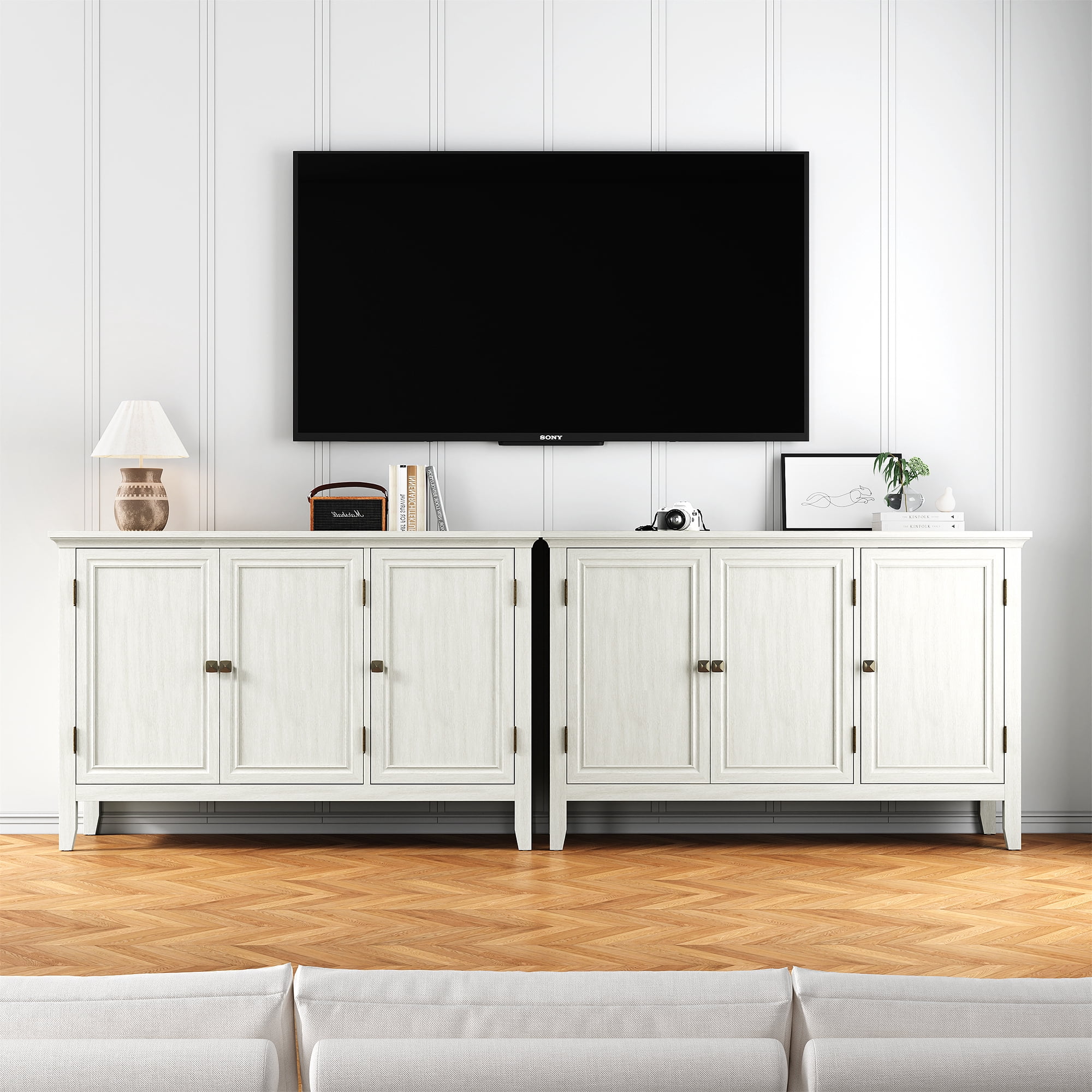 Buffet Cabinet with Doors and Adjustable Shelves, Bohemian Sideboard, Wood Credenza Cabinet Organizer for Bedroom, Living Room, Dining Room, Hallway, Grayish-White