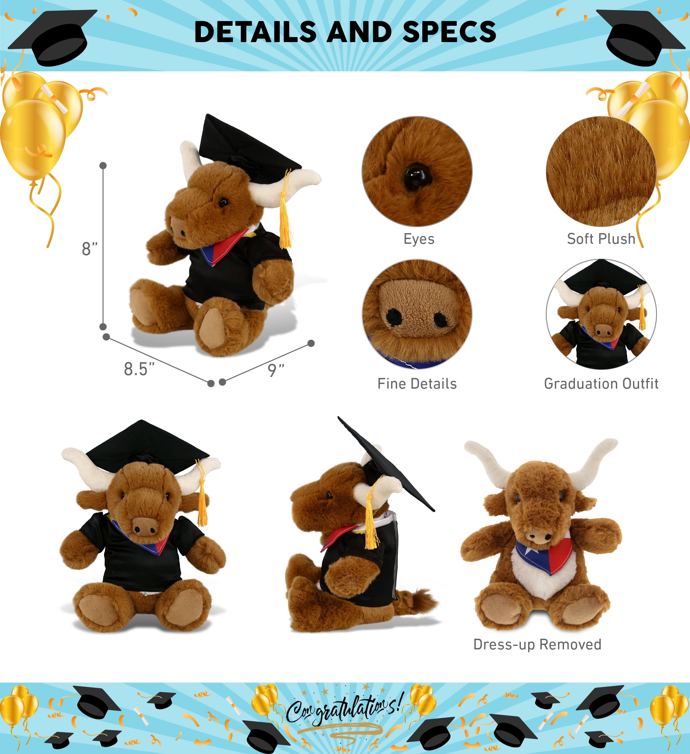DolliBu Texas Longhorn Graduation Plush Toy - Super Soft Plush Graduation Stuffed Animal Dress Up with Gown and Cap with Tassel Outfit - Congratulatory Graduation Gift - 9 Inches