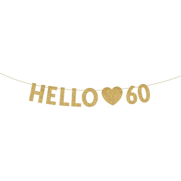 Gold Hello 60 Birthday Banner, Gold Glitter Happy 60th Birthday Party Decorations, Supplies