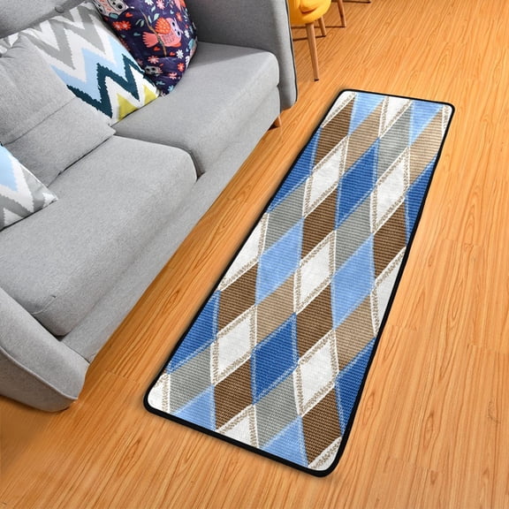 Blue White Brown Plaids Square Long Floor Mat Runner Rug Area Rug Carpet Water Absorbent Non-Slip 72" x 24"