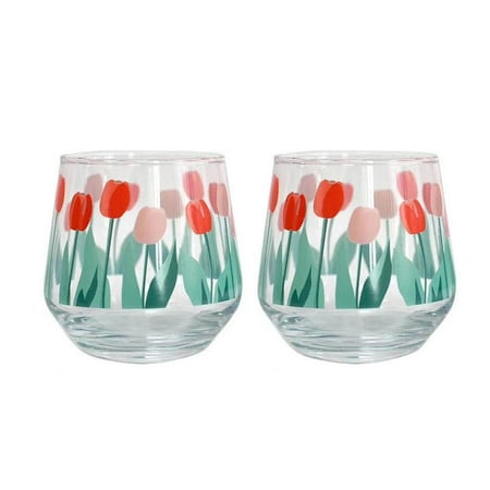 

2 pcs Vintage Tulip Flower Print Transparent Beer Whisky Milk Glass Cup Home Restaurant Mug Cups 2.4*3.54*2.75in