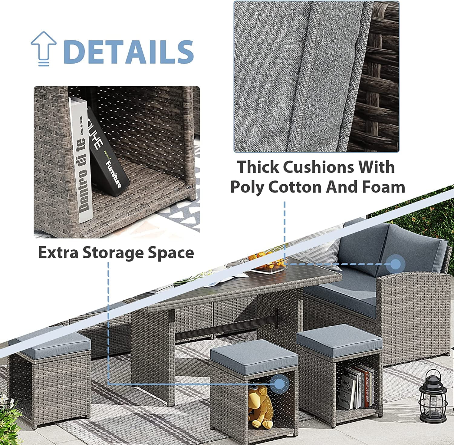JOIVI 7 Pieces PE Rattan Wicker Dining 9 Sofa Set, Outdoor Patio Furniture, Gray