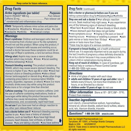Anacin Fast Pain Relief Pain Reducer Aspirin Tablets, 300 Tablets
