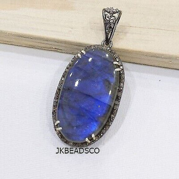 Silver Oxidised Labradorite Pendent Diamond 925 Sterling Silver 48x28mm Necklace