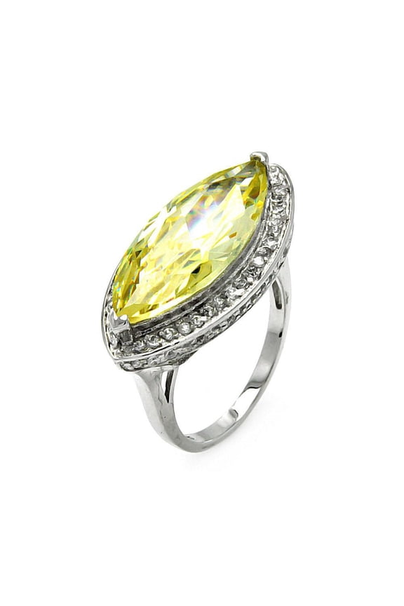 Sterling Silver 925 Rhodium Plated Yellow Simulated Cat's Eye Cocktail Ring CZ Female Size 5