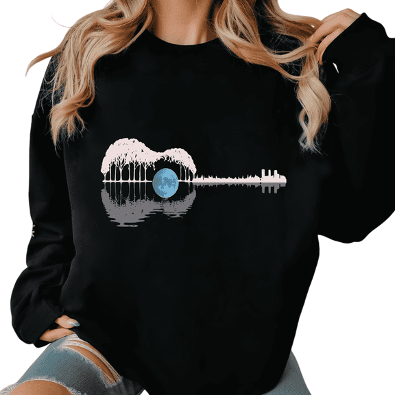 Women's Moon Tree Graphic Breathable Sweatshirt Top Comfortable Round-neck long-sleeved Black S-3XL