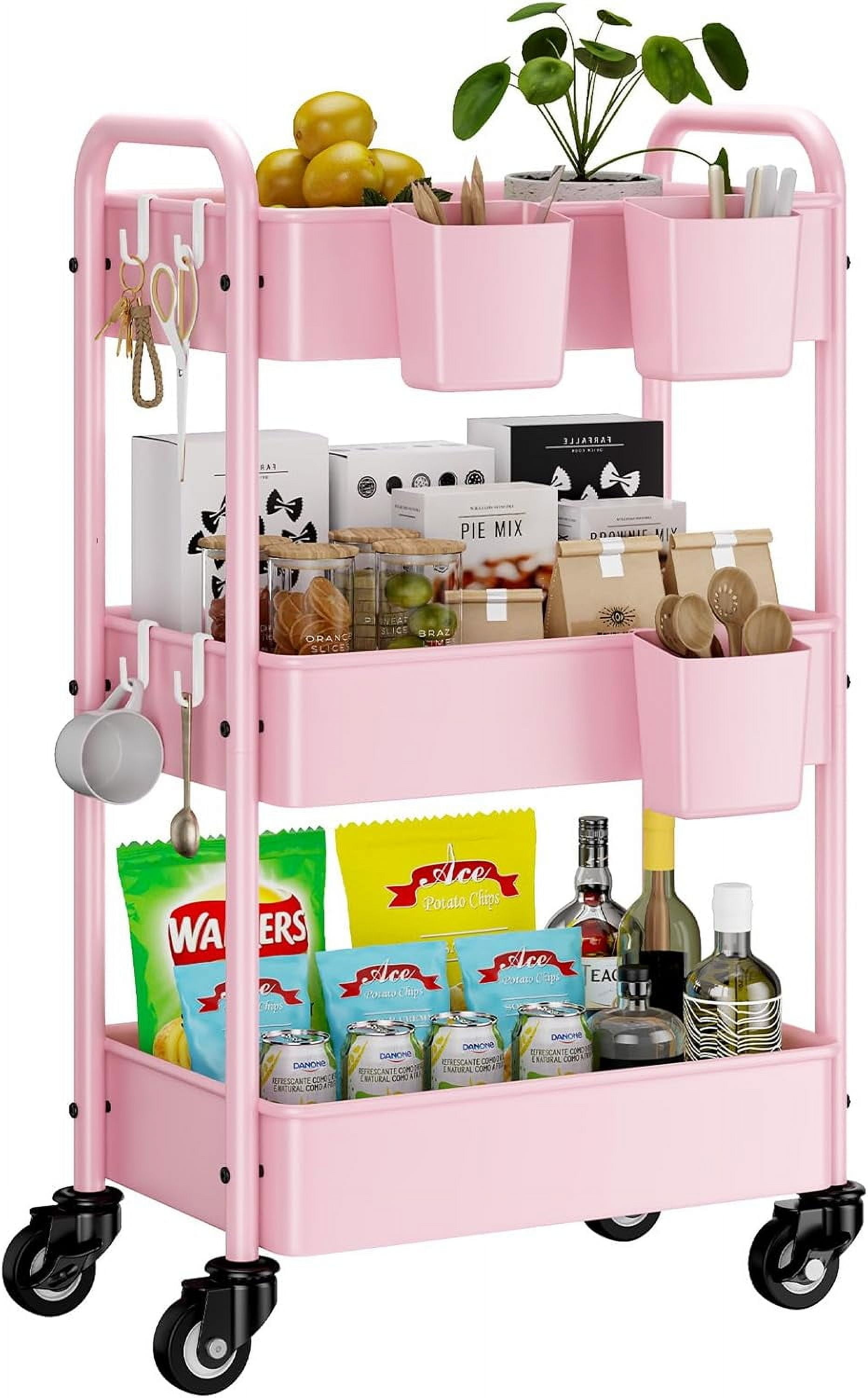 3 Tier Rolling Cart - Metal Utility Cart with 3 Hanging Cups & 4 Hooks, 66LBS Capacity, Mesh Rolling Storage Cart Organizer, Easy Assembly, Rolling Carts with Wheels for Kitchen Office