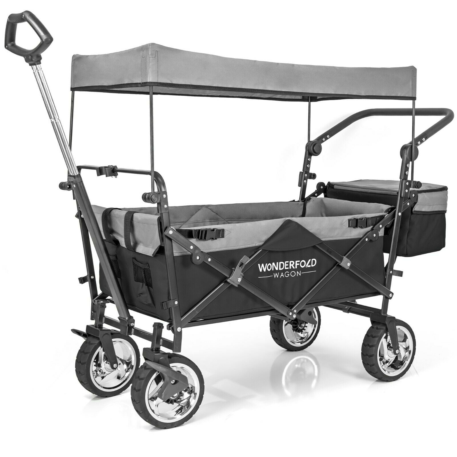WonderFold Push Pull Utility Folding Wagon with Removable Canopy and