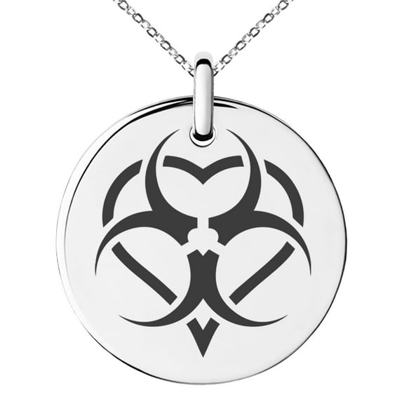Stainless Steel Biohazard Love Heart Engraved Small Medallion Circle Charm Pendant Necklace