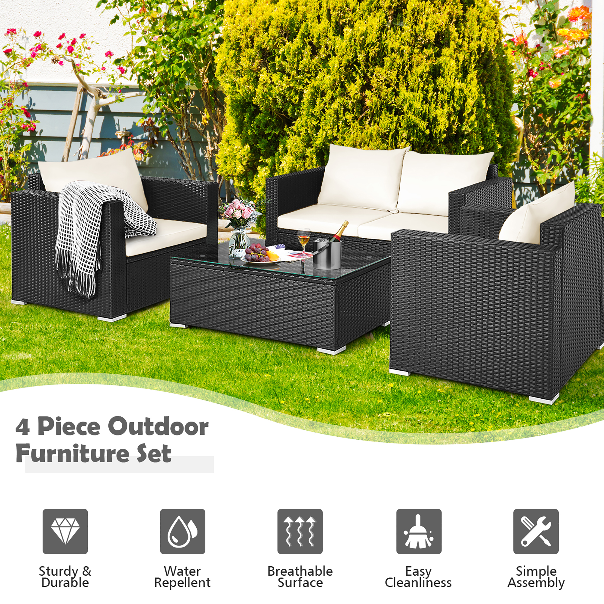 Costway 4PCS Patio Rattan Furniture Set Cushioned Sofa Chair Coffee Table Off White - image 5 of 9