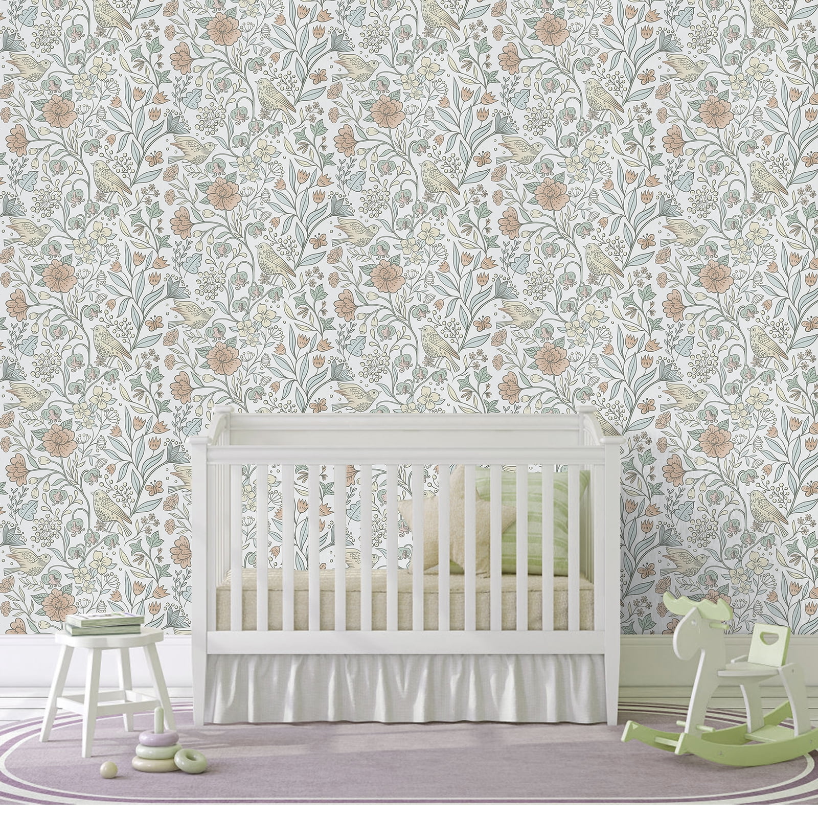 Abyssaly Floral Peel and Stick Wallpaper 17.7 "x 393"White Bird and Flower Wallpaper Vintage Vinyl Contact Paper Suitable for Home Walls Cabinet Bedroom