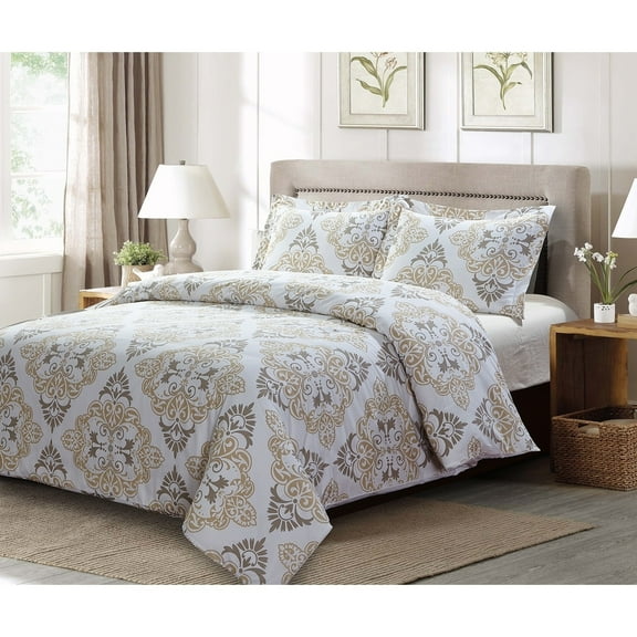 Sibley 3pc 100% Cotton Gray and Taupe Damask Print Duvet Cover Set