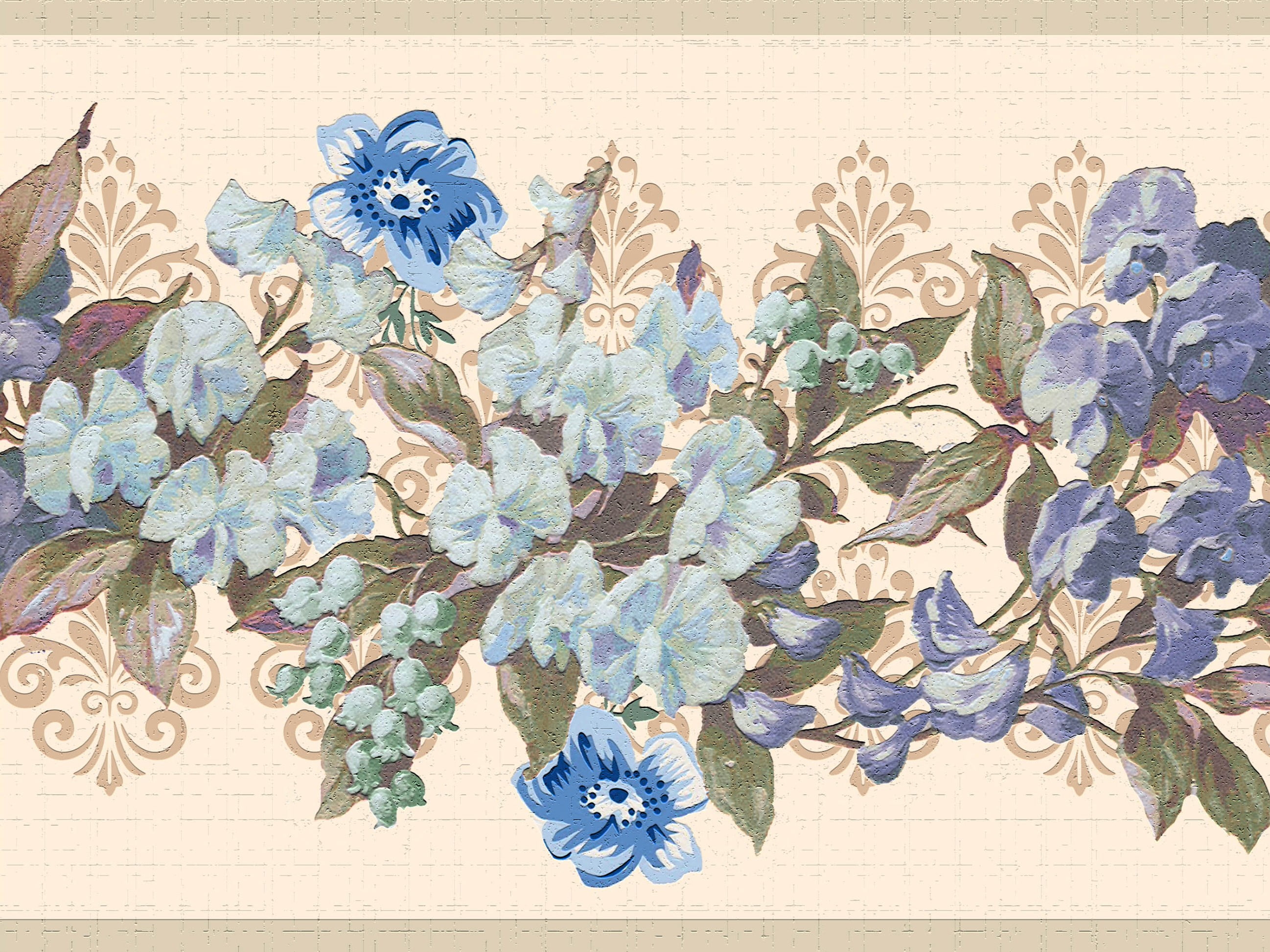 Dundee Deco's Peel and Stick Wallpaper Border - Floral Blue Green Tan Vines Flowers Wall Border Retro Design, 15 ft x 7 in, Self Adhesive