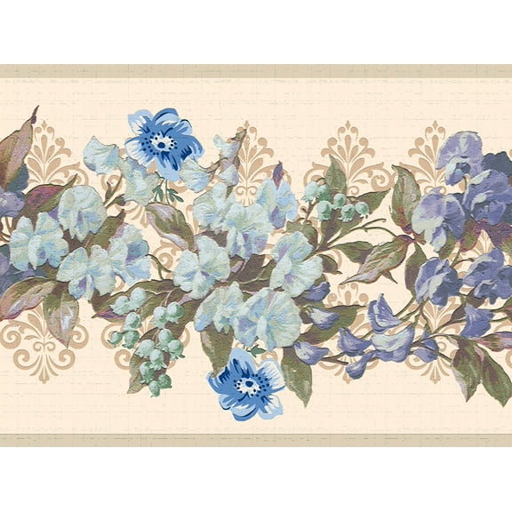 Dundee Deco's Peel and Stick Wallpaper Border - Floral Blue Green Tan Vines Flowers Wall Border Retro Design, 15 ft x 7 in, Self Adhesive