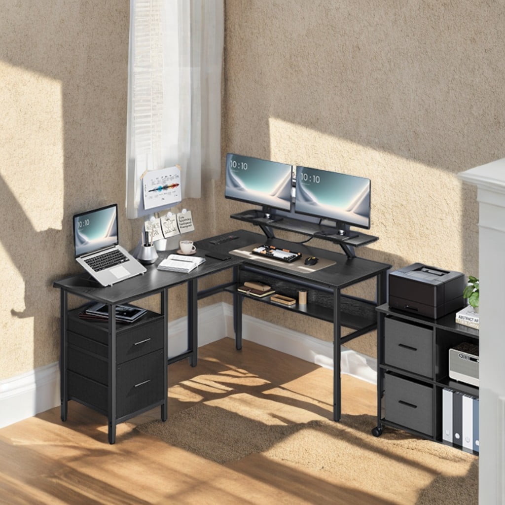 LEDREM L-Shaped Computer Desk with LED Lights & Power Outlets Gaming Desk with Monitor Stand & 2 Drawers Corner Desk for Home Office Ebony Black