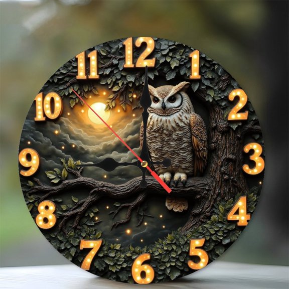 Owl Wall Clock Decor 10-Inch Silent Wooden Wall Clock, Battery Operated (AA Batteries Not Included), Artistic Home Decor