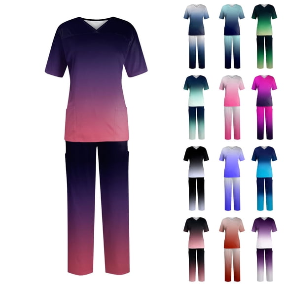 Minjewel Women's Gradient Color Short Sleeve Scrubs for Women Set, Soft & Relaxed Workout Sets for Women, Ideal for Caregivers, Nurses & At-Home Comfort,Black L