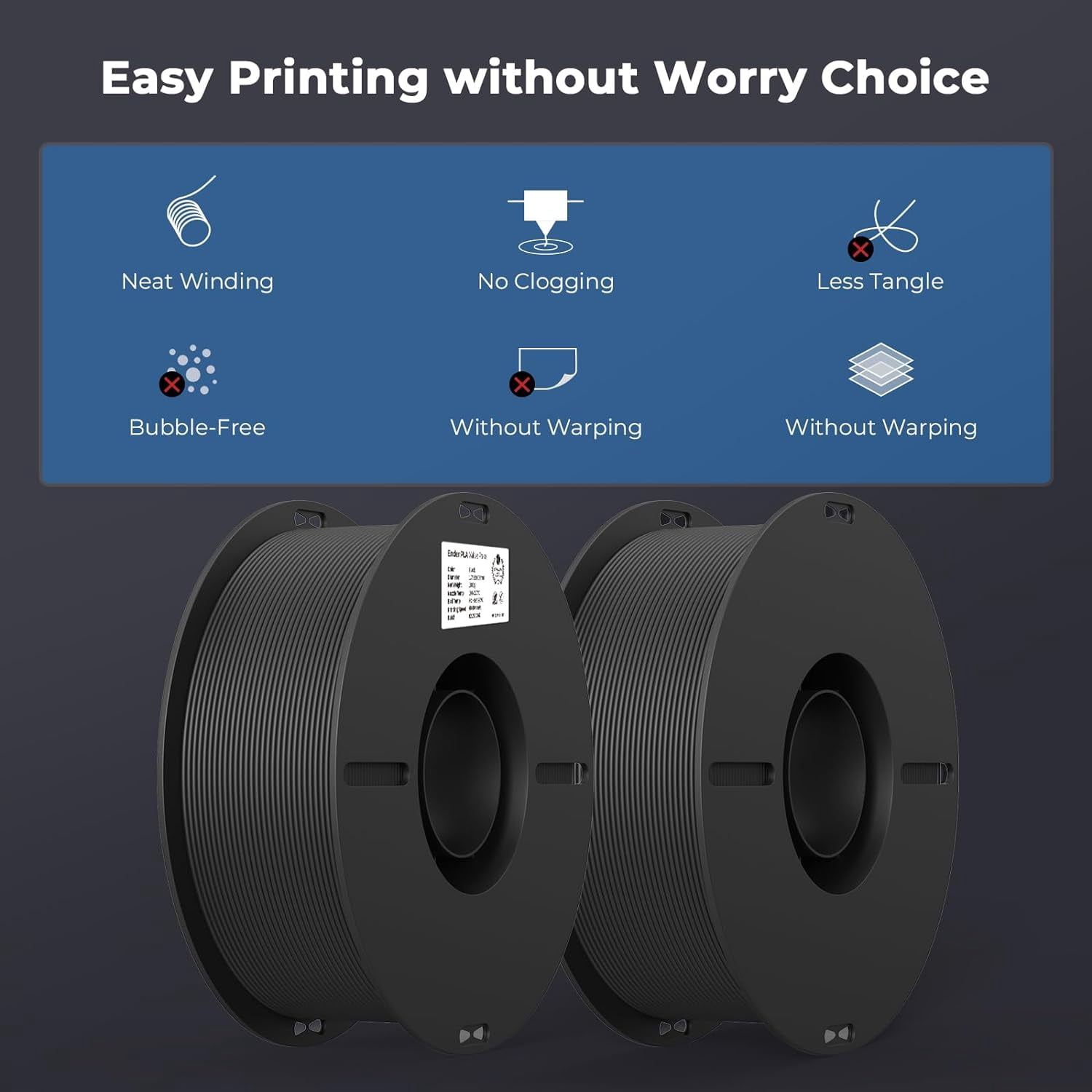 2-Pack Creality 3D Printer Filament, 1.75mm PLA Filament Bundle 2kg for 3D Printing, Ender PLA Filament No-Tangling, Strong Bonding & Overhang Performance, Accuracy +/- 0.02mm, Black & Black
