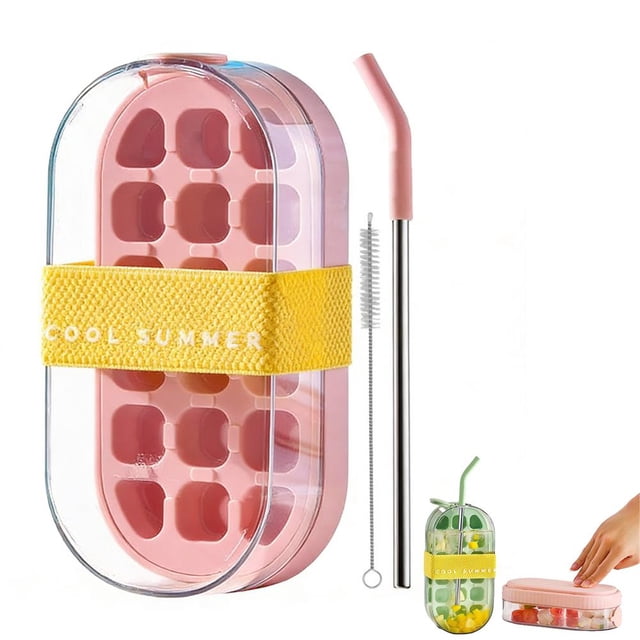 Ice Cub-e Bottle with Straw, 2-in-1 Water Bottle Ice Cube-s Tray with Lid and Container, Squeezze to Remove, Making Freezer Coffee Juice for Home Kitchen Travel Outdoor Camping